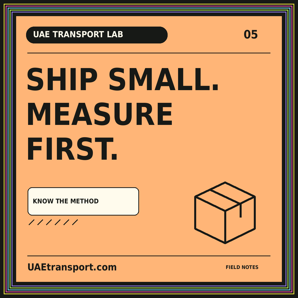 UAE Transport Lab typography card: Ship Small., Measure, First.